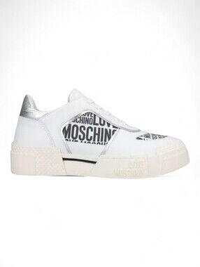 NWOT Love Moschino Women's White Silver Logo Print Leather Sneakers 41